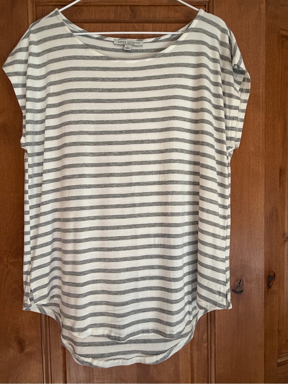 Green Envelope Gray & White Striped Short Sleeve Tee